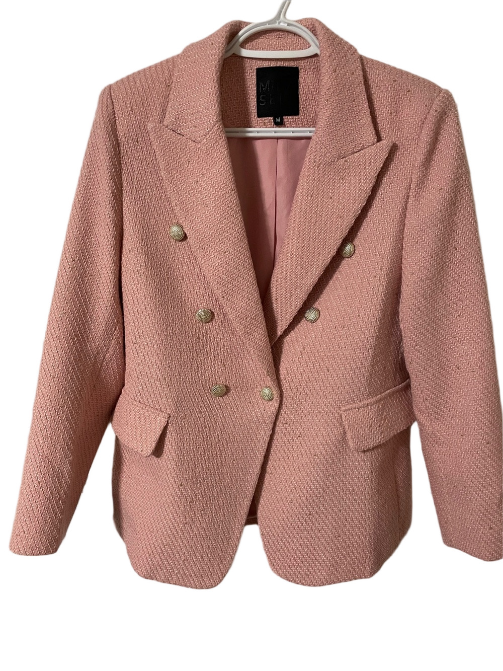 Mina Self Pink Tweed Double-Breasted Blazer With Shimmer Size Medium